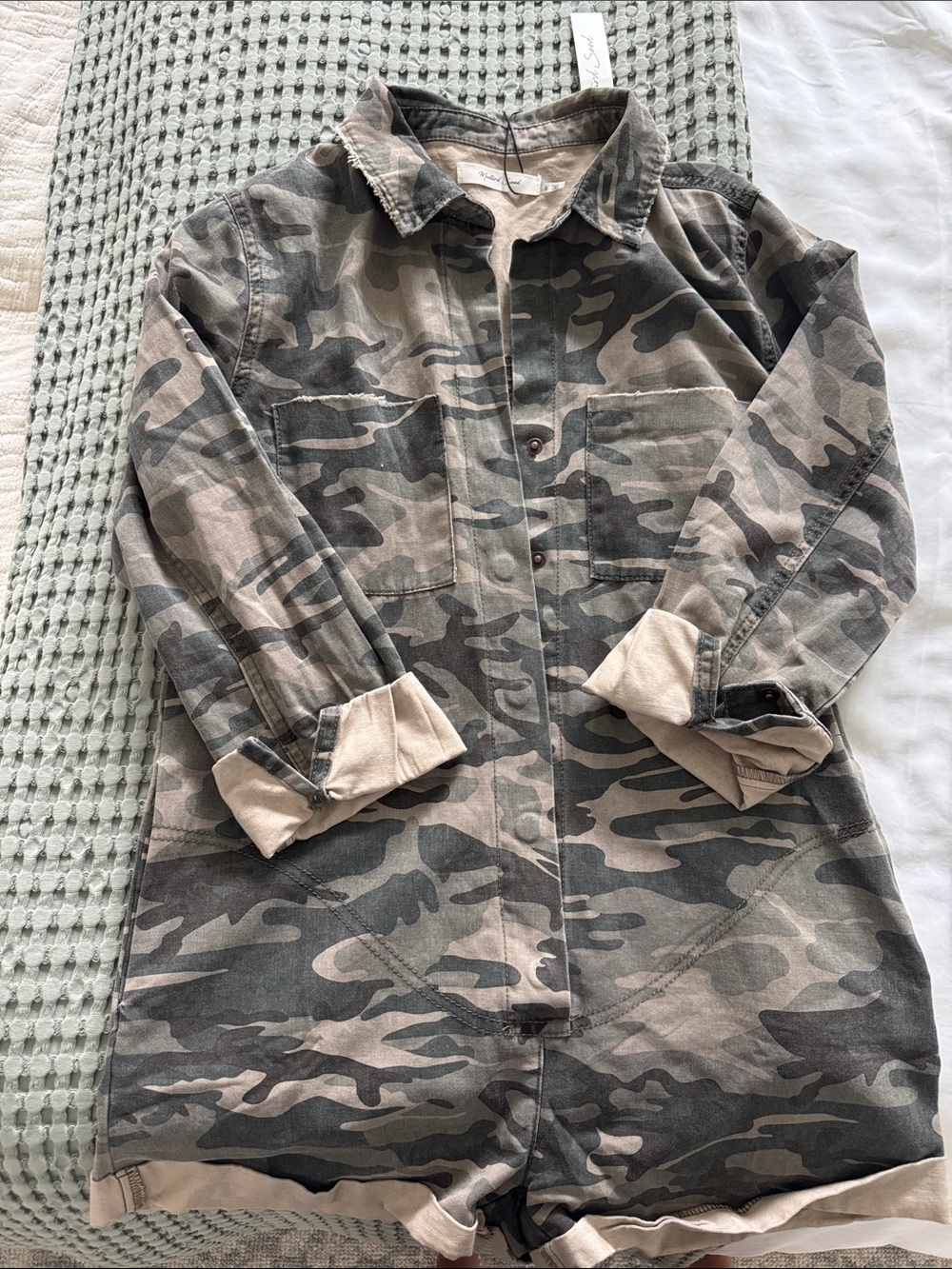 NWT- Mustard Seed Green and Gray Camo Button front Romper
